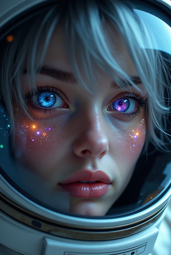 (Close-up of a better masterpiece:1.5)0.9], (Space and astronauts:1.2) (Messy silver hair:1.1) (Heterochromia xanthochromia and blue eyes:1.2) (Space Helmet:1.0) (Colored stars in the eyes:1.0) (A radiant glow:1.1) (thick lips:0.9)