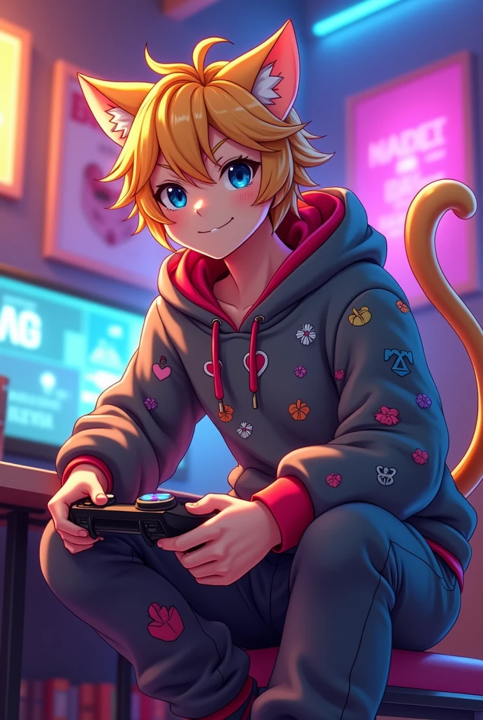 Create a male vtuber model, galf cat or neko, cute, blond hair and gamer clothes, in a reference pose