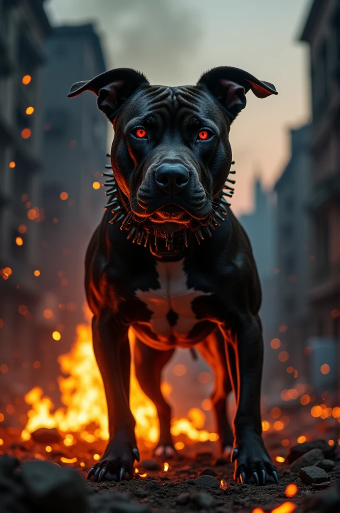 Pitbull with red eyes and a spiked collar on fire