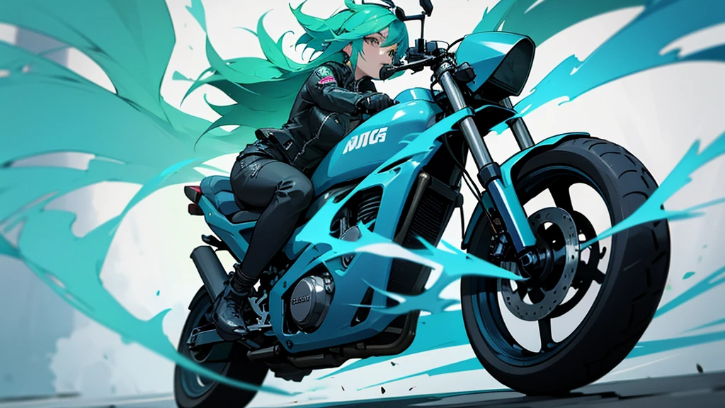 goddess in a biker outfit with blue and green flaming hair