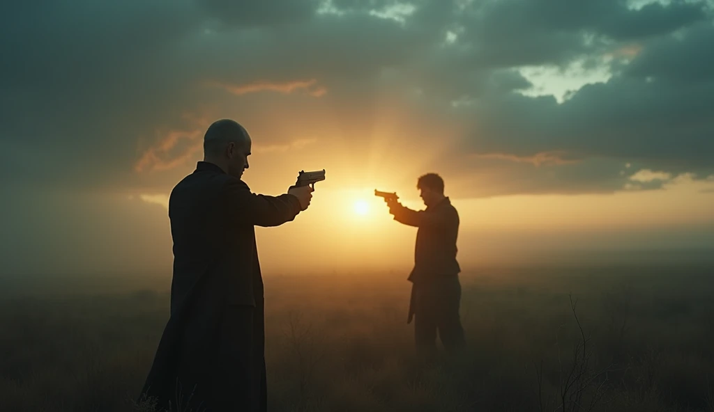 An intense scene of a duel at dawn between two figures, one representing you, standing with determination yet sadness in your eyes. The opponent holds a gun, aiming with cold precision. The setting is a deserted field, with the early morning mist swirling around. The background is a blend of dark clouds and the faint glow of the rising sun, symbolizing the battle between hope and despair. The atmosphere is tense, reflecting the emotional turmoil of being judged and misunderstood by someone close to you."