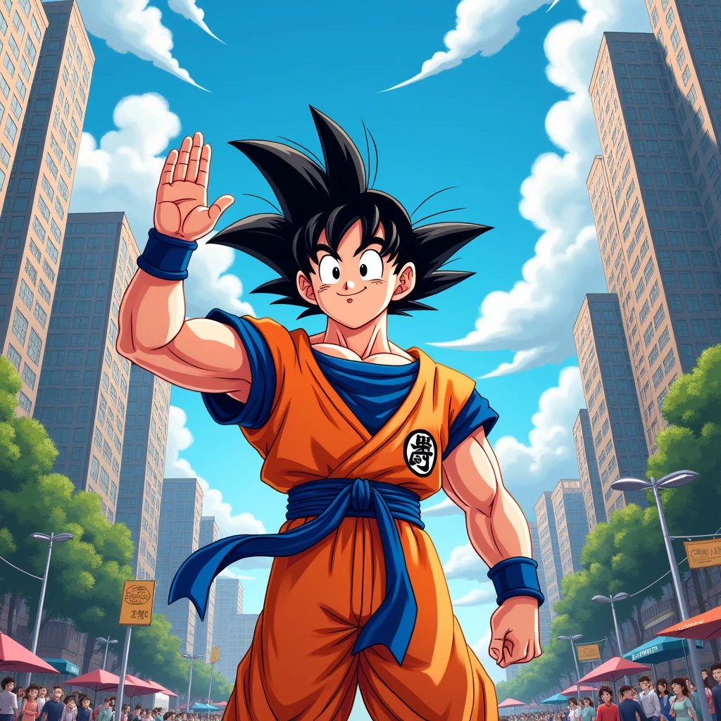Draw Goku waving to the viewer in the city