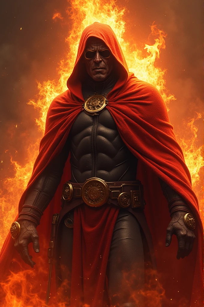 Doctor doom covered in fire with evil face