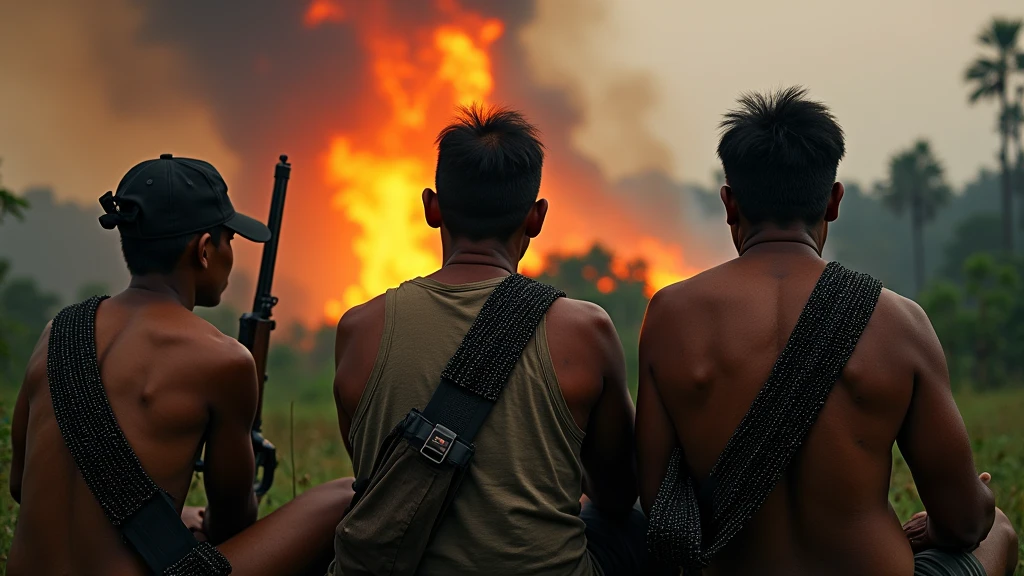 Three old Indonesian hunters wearing black beaded backpack straps sit by a gun during the day in front of a forest fire 8k