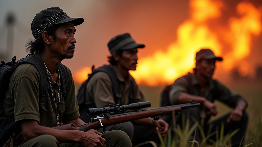 Three old Indonesian hunters wearing black beaded backpack straps sit by a gun during the day in front of a forest fire 8k  