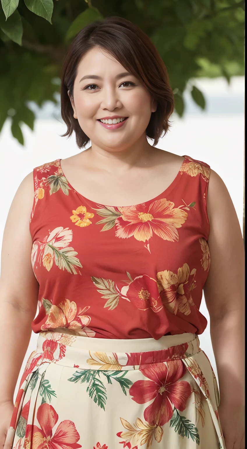 ((The scene is,Half body)), Obese body, Generous size, 55 years old,Middle-aged women,stand up,Smile,overweight,Short hair tied up ,Printed sleeveless red floral shirt,skirt,Highlight the breasts,Put her weight on her belly,Looking at the camera,Country Garden background,Smile,Smile