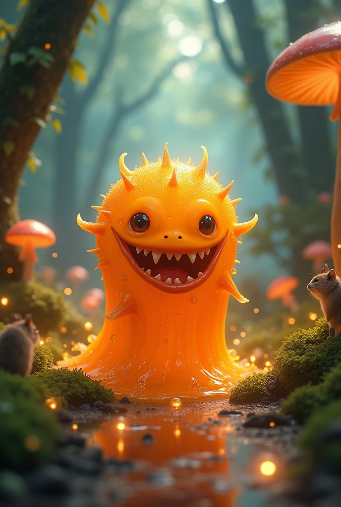 An orange slime looking creature with teeth 