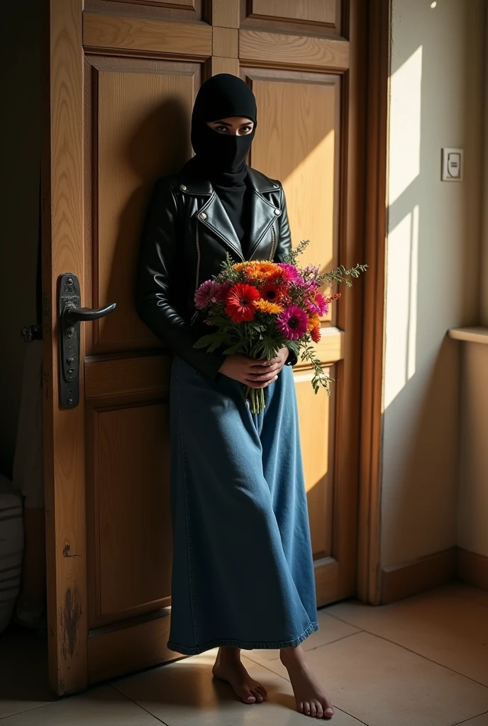completely hidden face misterious white arabic woman wearing 2 eye holes black ski mask covering mouth and nose, without hair, black biker leather jacket, wide denim maxi skirt, leaning on the door inside house, barefoot, sunny day, bouquet of flowers in arms