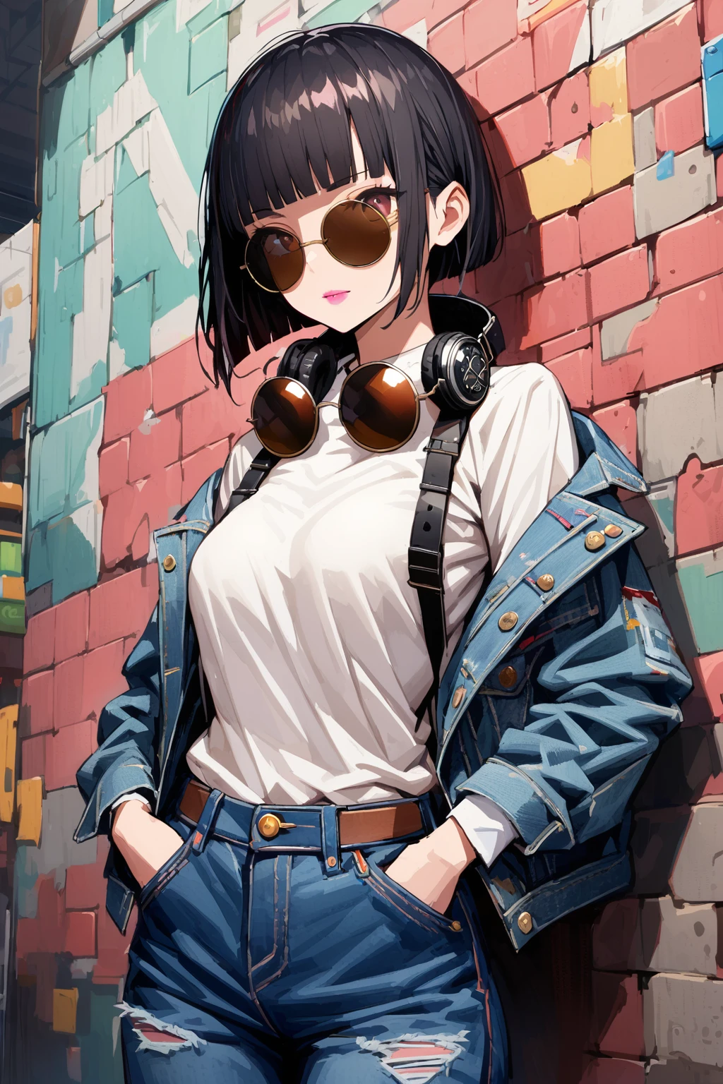 (extremely detailed fine touch:1.3), (((roundrim sunglasses:1.3))), (wear black headphones around neck:0.9), girl, solo, extremely detailed 2.5D face, bowl cut hair, blunt bangs, black hair, brown eyes, pink lipstick, hands in pockets, medium breasts, denim jacket, white shirt, denim pants, extremely detailed wall