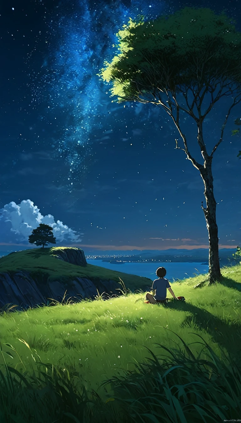 A boy sitting under a tree near a cliff in the grassland , seeing a vast night sky with fluffy clouds and brush strokes , Tall Grass Stone, , Makoto Shinkai Cyril Rolland, アニメart壁紙 4k, アニメart壁紙 4k, animated background, アニメart壁紙 8K, animated background art, anime landscape wallpapers, Awesome Wallpapers, High-resolution wallpapers, 4k anime wallpaper, 4k anime wallpaper, 牡羊座モロスart,art:Bob Bialy , アシュリーウッドartAI, Greg Rutkowski(Broke Effect)(Shining point)(Glowing Firefly) night