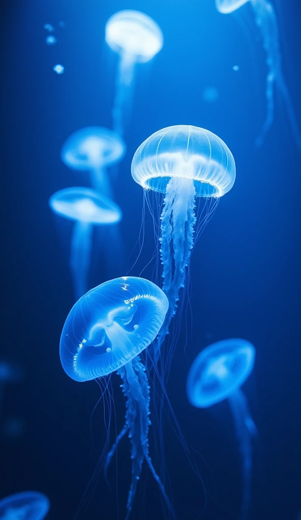 floating against a deep blue background、transparent jellyfish emitting light。the jellyfish emit soft blue and white light、It creates a fantastic and mysterious atmosphere.。jellyfish gracefully々In various sizes、some are close、others drift in the background、their tentacles flowing elegantly