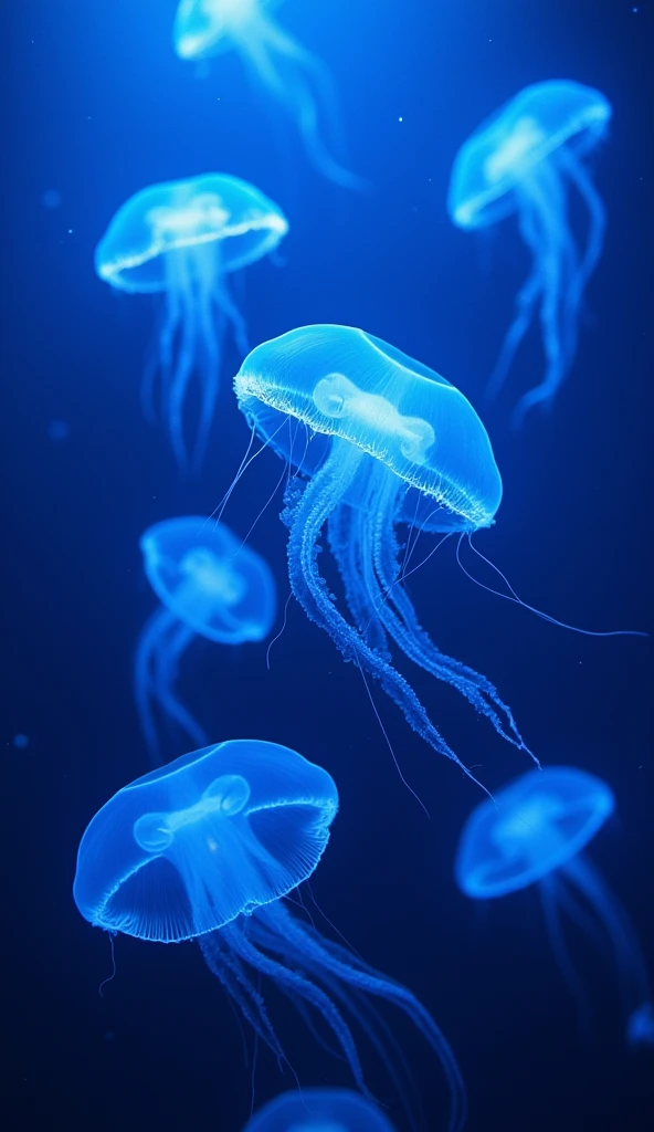 floating against a deep blue background、transparent jellyfish emitting light。the jellyfish emit soft blue and white light、It creates a fantastic and mysterious atmosphere.。jellyfish gracefully々In various sizes、some are close、others drift in the background、their tentacles flowing elegantly