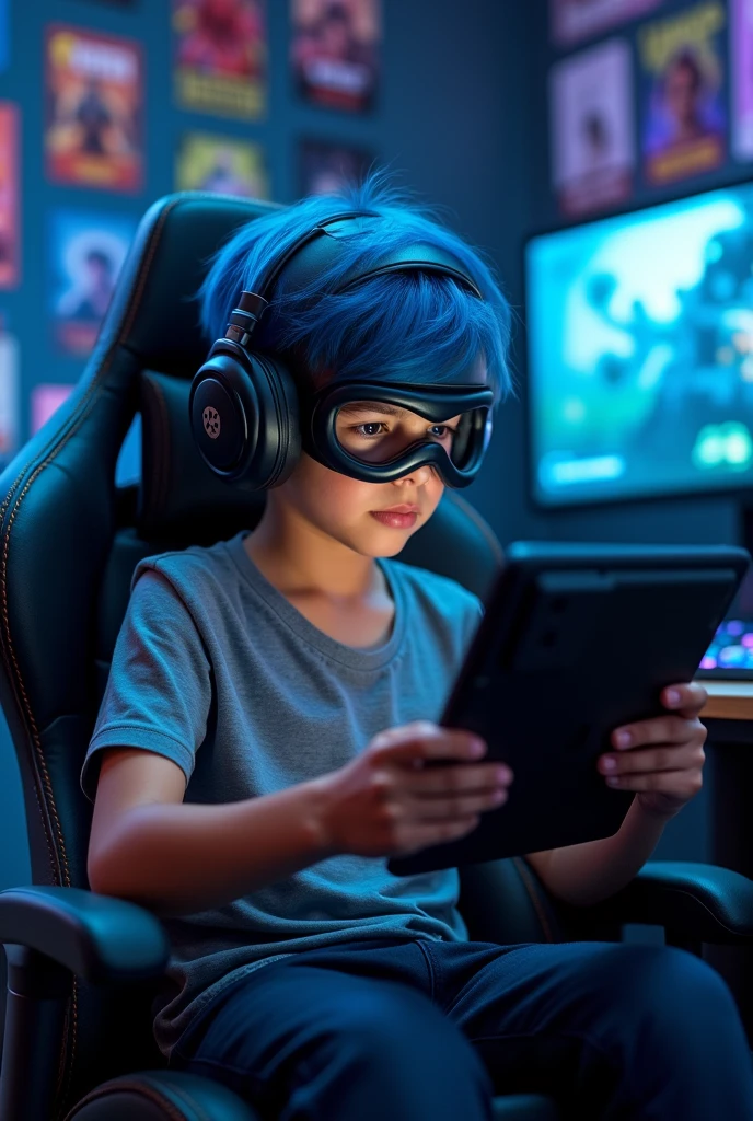 give me profile picture for YouTube channel which a boy Play PUBG in ipad one his hand the boy hair color is blue how have covered his by a full mask he seting in gaming chair