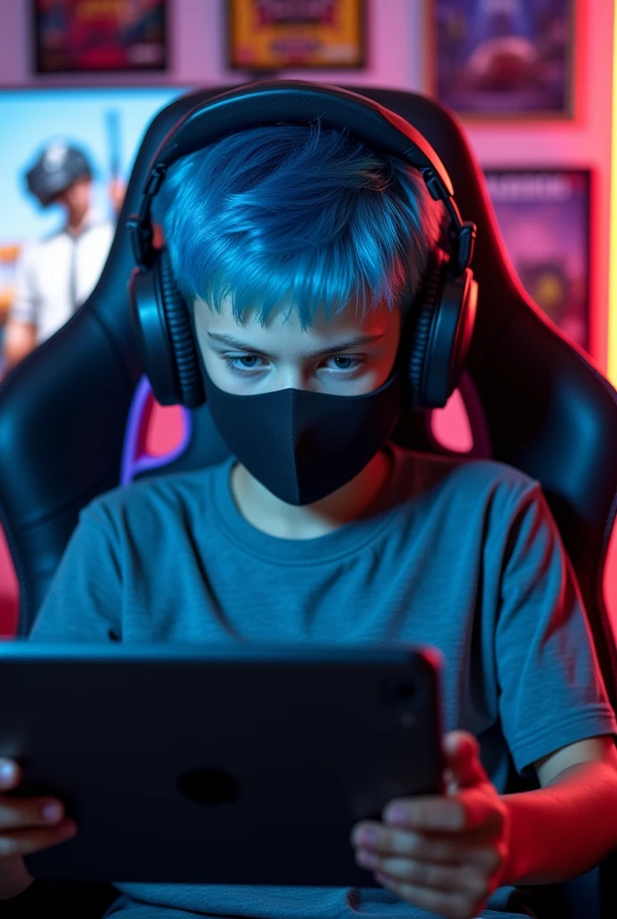 give me profile picture for YouTube channel which a boy Play PUBG in ipad one his hand the boy hair color is blue how have covered his by a full mask he seting in gaming chair
