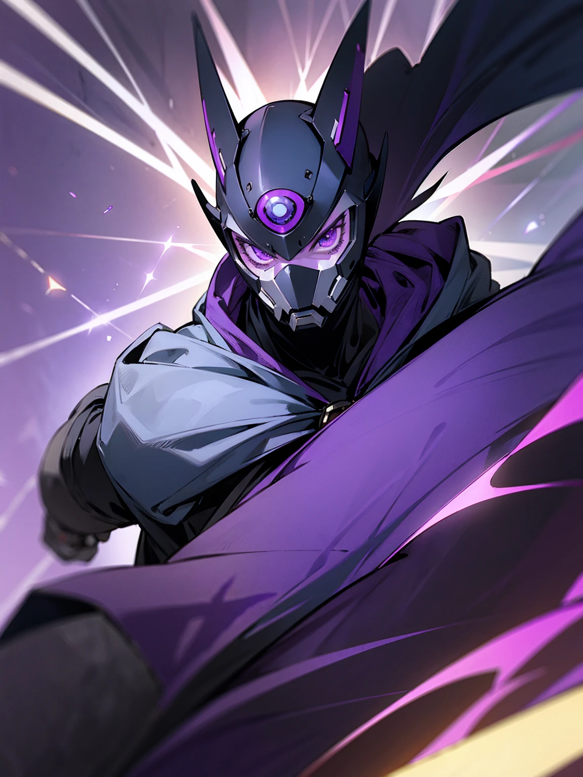 1male, black hair, purple visor, purple eyes, cape, hood over head, robot mask, purple speed suit, tied to waist, facing viewer, road, modern city, purple cloak, masterpiece quality