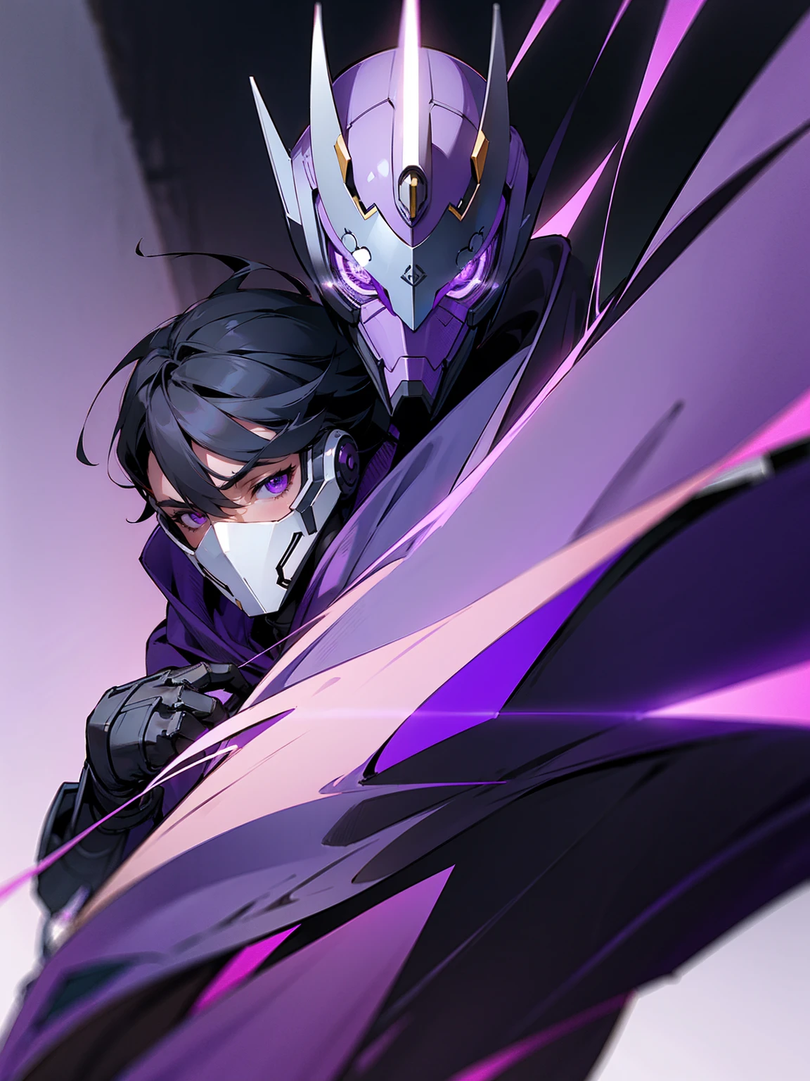 1male, black hair, purple visor, purple eyes, cape, hood over head, robot mask, purple speed suit, tied to waist, facing viewer, road, modern city, purple cloak, masterpiece quality