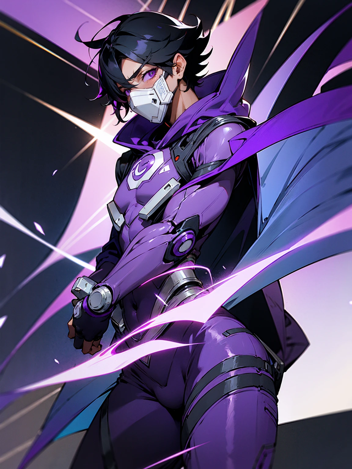 1male, black hair, purple visor, purple eyes, cape, hood over head, robot mask, purple speed suit, tied to waist, facing viewer, road, modern city, purple cloak, masterpiece quality