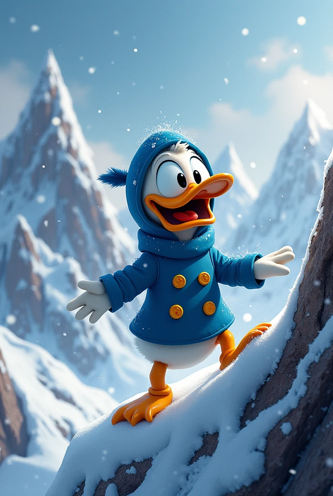 Donald scared on a snow mountain
