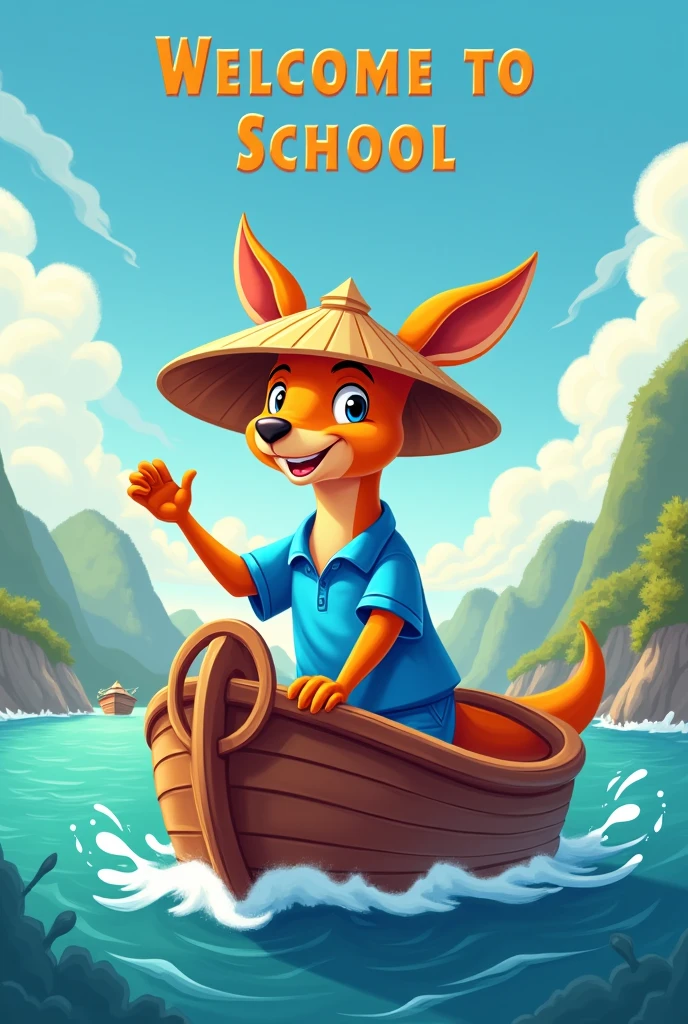#CONTEXT
You are a professional graphic designer, creative, có phong cách youthful.
#INSTRUCTIONS
You create a poster to welcome students to school. The poster needs to be:
1.	Design concept is a boat sailing to find new lands.
2.	A picture of a kangaroo wearing a Vietnamese conical hat, wearing a blue polo shirt. 
3.	Kangaroo captain, guiding students to find new lands. 
4.	Characters have cheerful expressions, express joy, passionate about exploration.
#DATA
Style is cartoon, simple color image, youthful, bright.
#REQUIRED RESULTS
Poster size A3 portrait.

