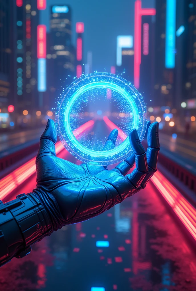 A cybernetically enhanced hand reaches out from the depths of the shimmering neon blockchain city, its metallic fingers gripping a glowing round data cube with light blue sparks beneath the circular metal block. Neon rivers flow beneath towering circuit boards, and the city's metallic heart pulsates with iridescent light.