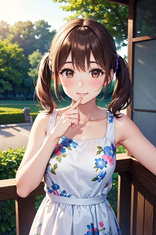 Yumi Fukuzawa、Shiny brown hair,Medium Hair, 、(( High Twintails、rabbit style)),Beautiful brown eyes、Sparkling eyes, fine grain、smile、Very fine eye、Very detailed顔, Very detailed目,Cowboy Shot、

(Photorealistic:1.4, 8k), 最high quality, masterpiece, 超High resolution, Perfect dynamic composition,最high quality, Very detailed, Very delicate and beautiful, High resolution, Very detailedCG, masterpiece,

 
((Browsing Caution)),masterpiece, high quality, Beautiful girl, Very short stature，，She is wearing a white sleeveless mini Chinese dress with floral print, Smiling Kindly, , Perfect Face, Perfect hands, The background is a bright cafe，summer night，Sunset sun，