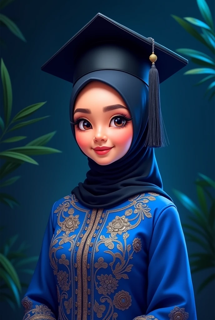 Realistic cartoon,  A women wearing hijab, wearing black graduation hat, in blue color bali kebaya,  leaf effect background,  half body pose, Half body pose, detailed skin texture, detailed hijab texture, detailed clothes texture,
black color background 45 percent opasity, blue glow art light, hair and shoulder glow art light effect  , leaf effect lighting 