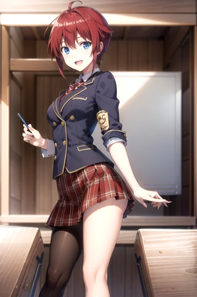 Highest quality, masterpiece, Very detailed,
Aoi Sakurai RW,
Open your mouth, A light smile,
blue eyes, Redhead, short hair, ミディアムshort hair,Boyish hairstyles, school uniform, blazer, tie, Red Skirt, pantyhose,
Are standing, Looking at the audience,
classroom