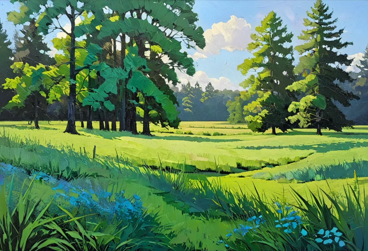 A heavy texture oil painting, Thick brushwork, dry brush,Expose the bottom layer, breathtaking composition,Green grass,sunny,Dark trees in the foreground,Mood lighting, Dramatic shadows, Soft earthy colors, Vibrant colors, Very detailed, masterpiece, Use a light green color palette, Soft blue, Dark gray blue, dark green, Ensure design elements are balanced. Greg Gossell: Combining collage and mixed media with influences from street art,Create vibrant works