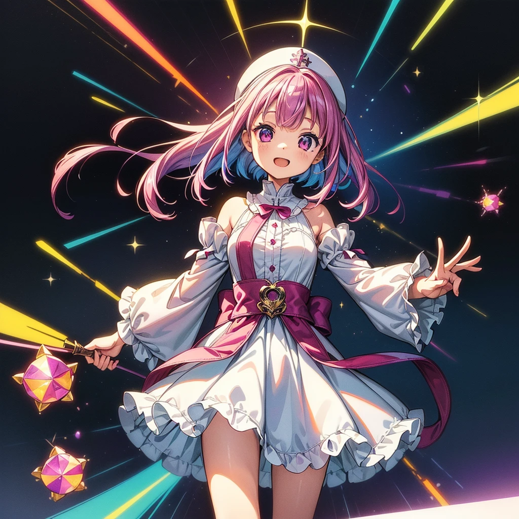 1girl,(((Highest quality、Masterpiece、Official Art、Dynamic composition、Super detailed、Perfect Anatomy)))、Milky white and magenta hair color、Magenta and blue palette、happiness、Happiness、Creative new hairstyle、Unique clothing、Sparkling、mirrornun、A cute, giant wand of a magician、