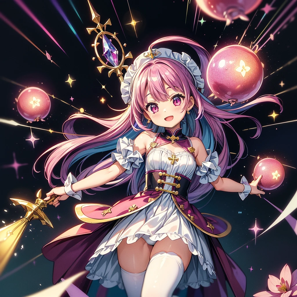 One（pink hair），The girl falls in the air and looks at the candy castle with the clock and the gummy bears running around it.，fairy tale style