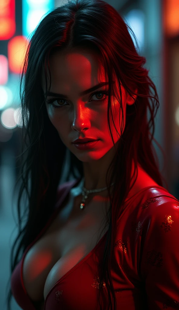 (masterpiece, photorealistic, raw, :1.4), (extremely complex:1.2), close-up, cinematic light, side lighting, ultra high resolution, best shadow, RAW, upper body, Elektra from Marvel Comics