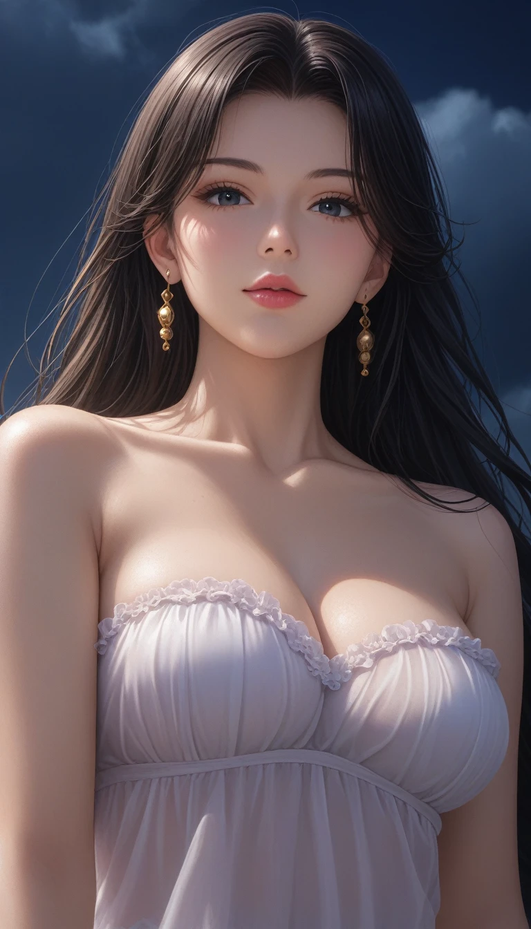 score_9, score_8_superior, score_7_superior, High-resolution CG illustration,A masterpiece in 32K resolution,Highest quality,it is really amazing,Very detailed,Ultra-high resolution,Ultra-realistic,Realistic,Increased depth of field,Cinematic lighting,
Sexy mature Japan woman,
Glossy black hair,Wavy long hair,Showing his forehead,god々Beautiful,Ultra-detailed and beautiful face,Sensual look,Beautiful dark brown, moist eyes,Pitch black eyes,Glowing, moisturized skin,Translucent white skin,born々New skin texture,Great proportions,
(A long, white draped dress in the style of an ancient Greek chiton:1.05),
Simple design,コットンborn地の柔らかな質感,Beautiful flowing drape,
A dark and blurry night background,Dark overcast sky on a dull night,Dark clouds filling the sky,Thundercloud,Coastline at night,Golden reflections on the sea surface,delay々A desolate sandy beach that continues,
Low - Angle,