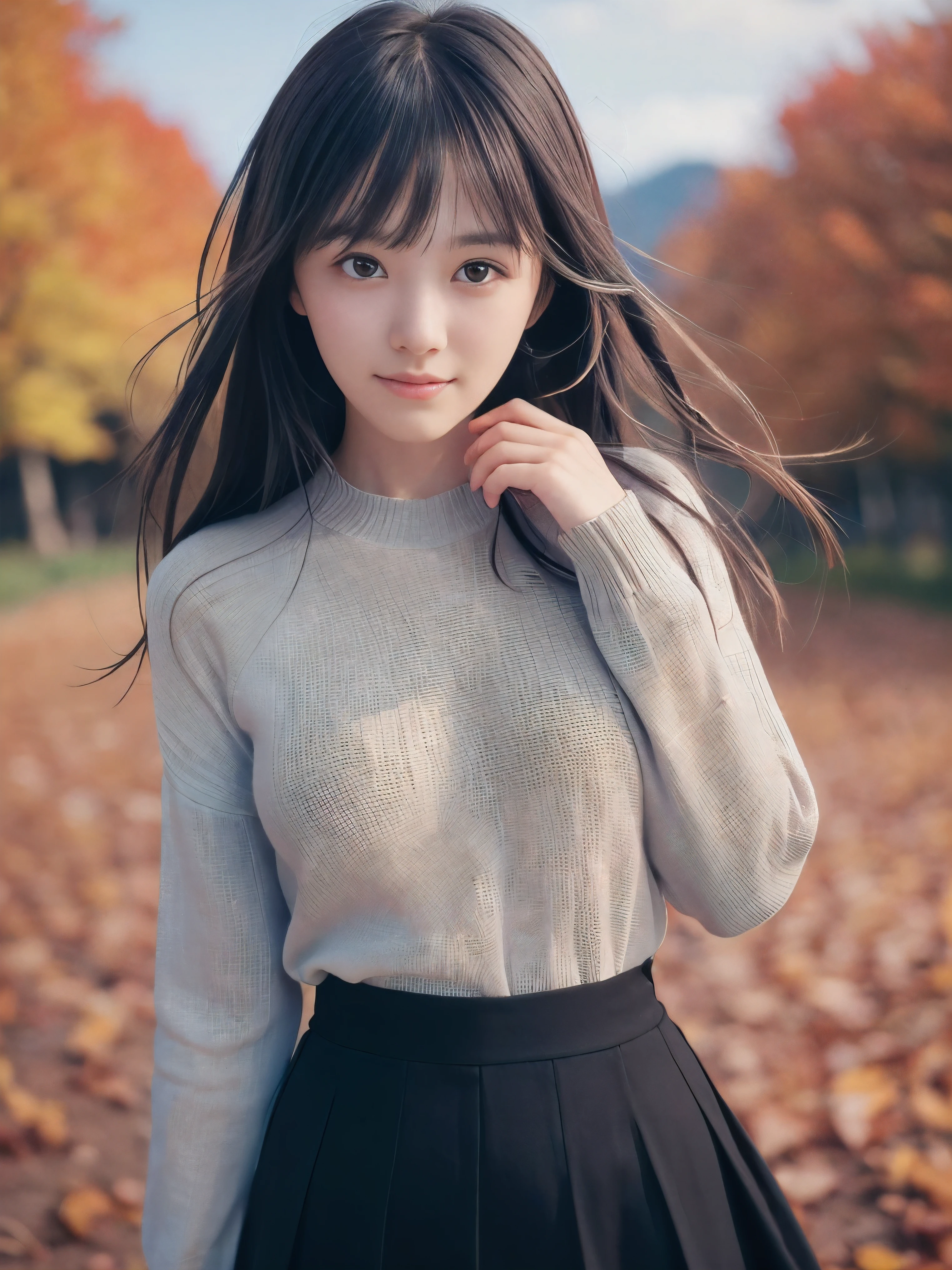 (Face shot of one slender small breasts two side up black medium hair bangs girl in autumn colorful long sleeves shirt and sweater and skirt:1.5)、(One girl is turn around with small smile and her hair is blowing by the wind:1.5)、(Beautiful red leaves and autumn mountain view:1.5)、(Soft lens filter:1.5)、(8k ultra detailed master piece:1.5)、(perfect anatomy:1.5)、(Photorealistic stick:1.5)、(Raw photo:1.3)、(highest quality:1.5)、(High resolution:1.3)、(Delicate and beautiful perfect face:1.3)、(Delicate and beautiful eye air skin:1.3)、(Real Human Skin:1.3)、((thin legs))