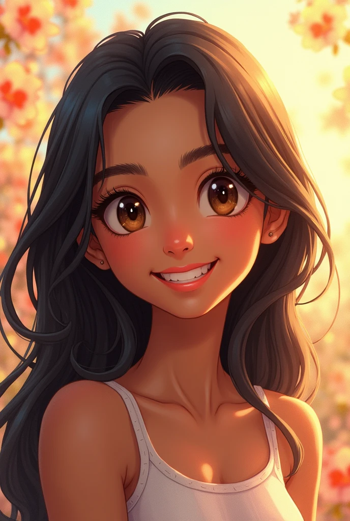long, Dark hair on brown skin with light brown eyes smiling in a drawing