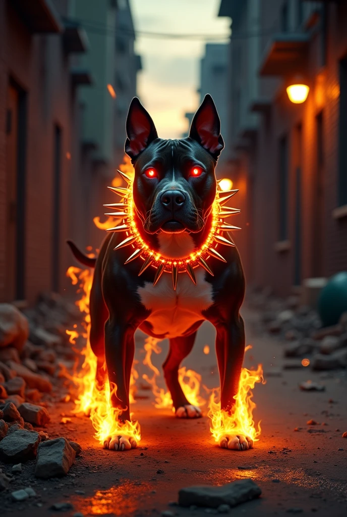 Pitbull with red eyes and a spiked collar on fire