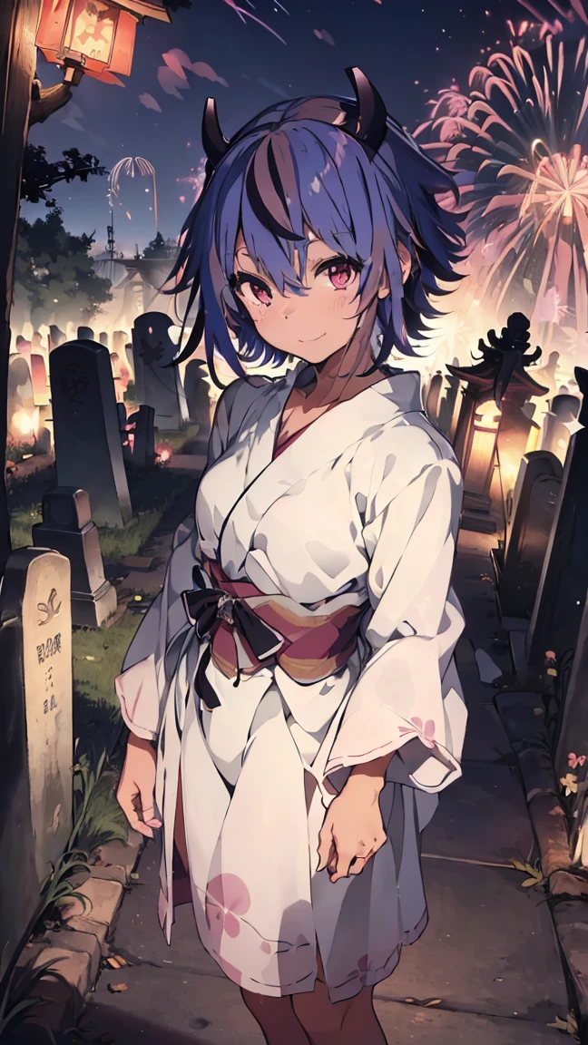 masterpiece, Highest quality, High resolution, Very detailed,(((Mikoto Naruka))), (((smile)))、(((Standing in the distance))), (((yukata))), (((Cemetery))), (((firework))), (((Lantern))), (((night))), (((Multicolored Hair))), (((horn))), (((Pink Eyes)))