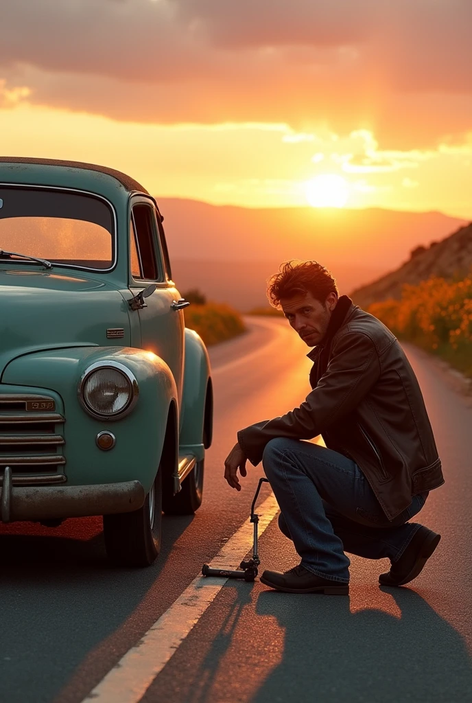 a man on the road with his car, which is flat tire
