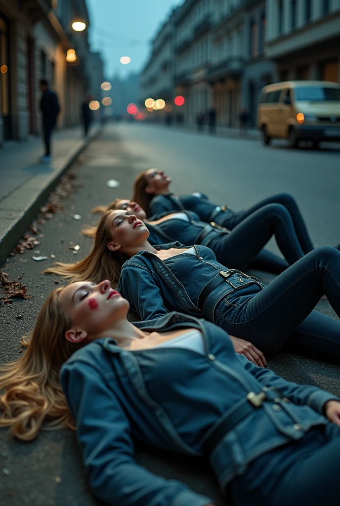 ((sexy three 20s blonde danish women)), dark blue tight skinny jeans, belt, nike white air force one sneakers, topless, (((full view))), full body view, lying on the steet, dirty and bloody skin, blood, scratches, bruise, sleeping, lifeless, eyes closed, mouth open, necklace, showing normal tits, wristwatch, bracelet, dead, showing armpit and belly button, corpse pose, street view