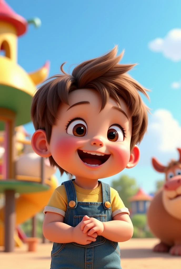 Disney pixar cartoon, , smilling, brown hair, brown eyes.