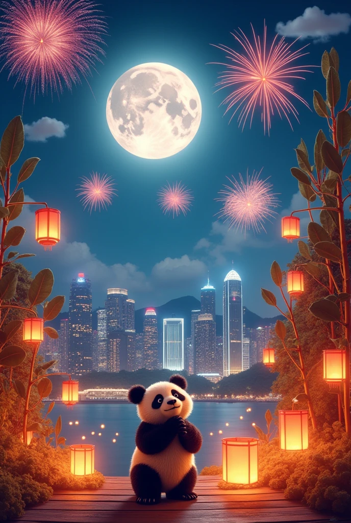 Mid-Autumn Festival in Hong Kong,Hong Kong elements。A bright full moon hangs high in the clear blue night sky,A little star shines。In the city of Hong Kong,A cute panda standing under the moon,Bamboo lanterns and art installations adorn the entire environment,Adding a mysterious atmosphere to the festival。In the night sky,Brilliant fireworks bloom,Pushing the entire celebration towards,People look up at the sky,Celebrating the Mid-Autumn Festival。This moment is filled with tradition and celebration,Presenting an unforgettable artistic panorama。