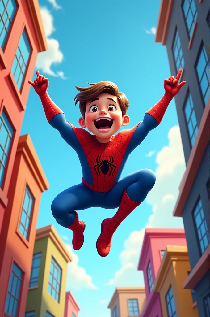 Happy kid act as spider man, 2D cartoon picture