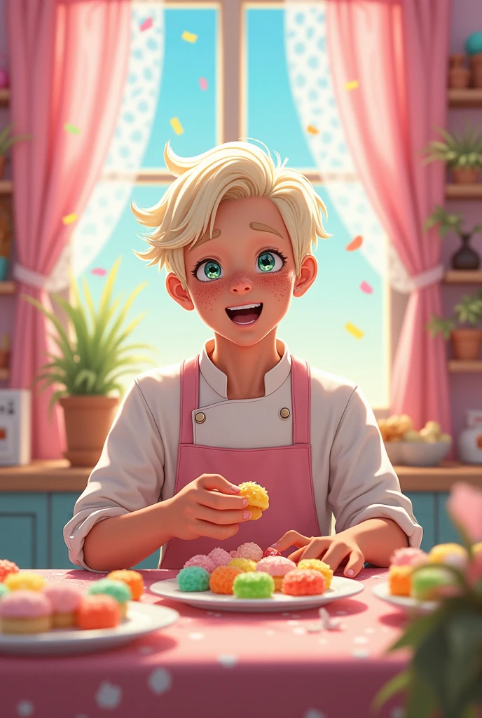 Nice man, pastry chef, eating gummy bears, albino, anime, flirtatious, with freckles, Tall boy