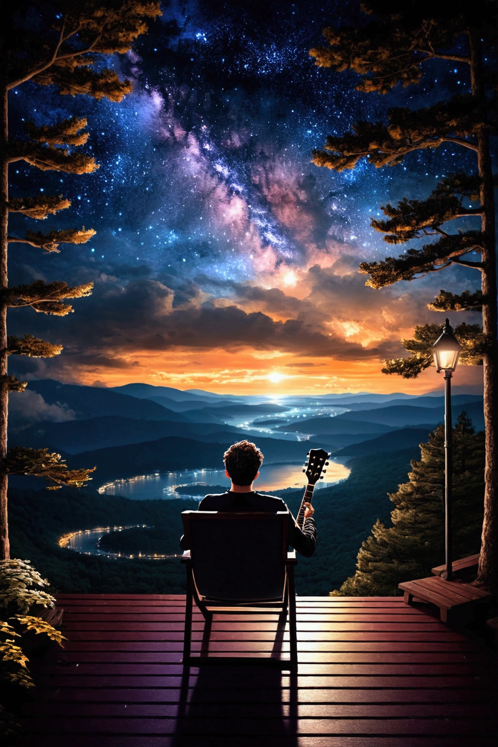 realistic, man sitting and playing guitar on the terrace of a romantic caban in forest, back view, from the coast, feeling like they are on top of the world, a magical night, admiring the beauty of the city lights, the trail of the Milky Way, and the sky full of stars, high density of stars in sky