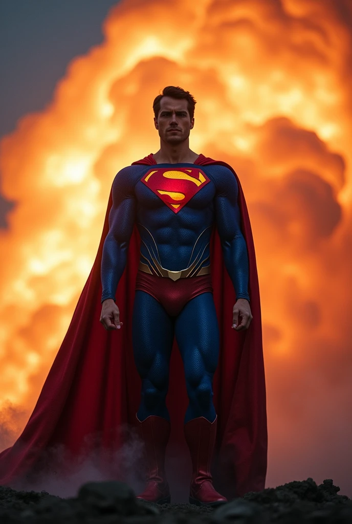Superman costume with shadow, background explosion with fire cloud, colour warm