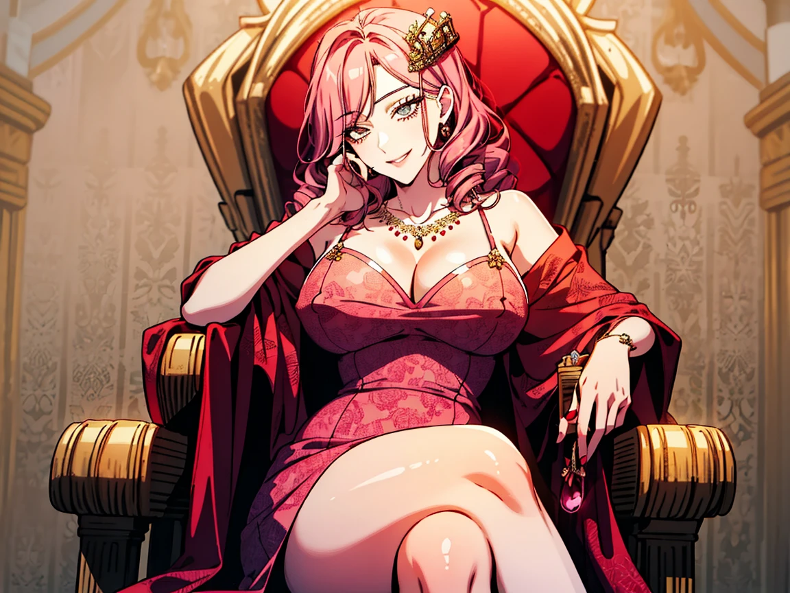 Sadistic smile, Girl manga style, pink drill hair,
(masterpiece, Highest quality, Very detailed, formula wallpaper), (Beautifully detailed face, Beautiful attention to detail), Long eyelashes, hair ornaments, jewelry, necklace, Cleavage, Large Breasts, Erect nipples, (whole body), Royal dress, Throne, Sitting, Crossing your legs, High heels, Thick thighs