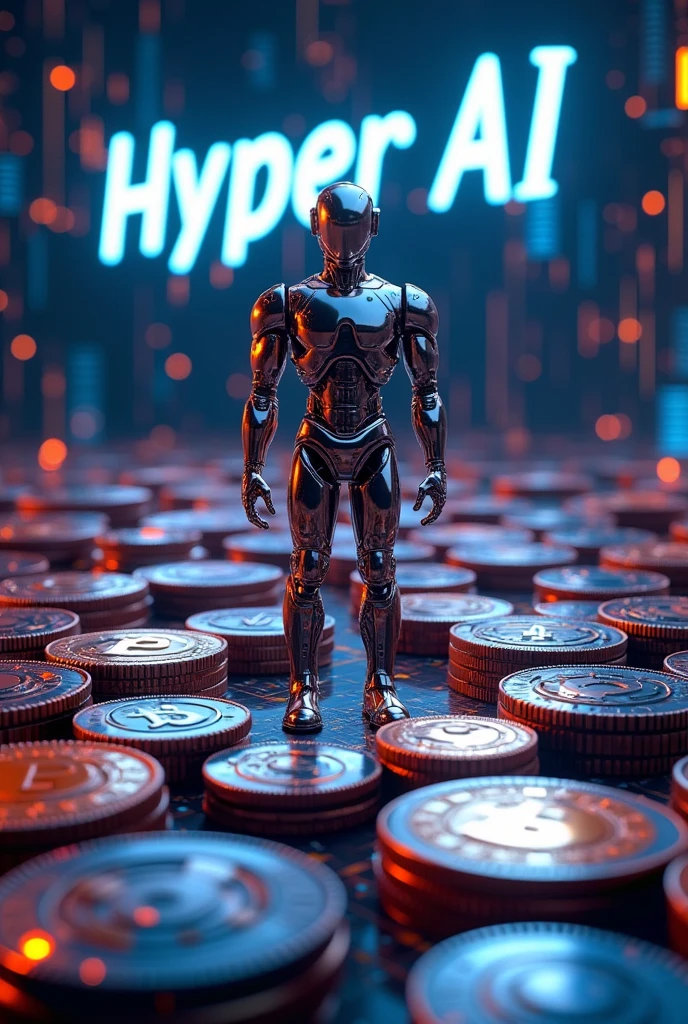 Act as an expert designer and create an image that contains the cryp tocoins in relief, the image of a 3d robot and the word "Hyper AI 2.0" background