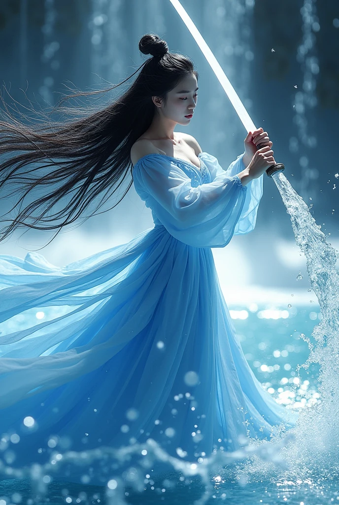 (Extremely detailed CG unified 8K wallpaper,masterpiece, best quality, Super detailed),(Incredible Lighting, Dynamic camera angle),Water Sword, Blue Water Splash,stream, flowing water, beautiful girl，Long black hair, Elegant Wuxia Dress,watercolor, 70s Retro Filter.