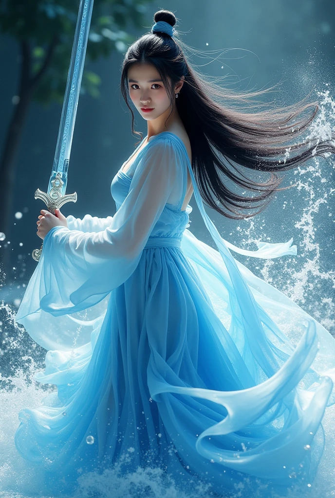 (Extremely detailed CG unified 8K wallpaper,masterpiece, best quality, Super detailed),(Incredible Lighting, Dynamic camera angle),Water Sword, Blue Water Splash,stream, flowing water, beautiful girl，Long black hair, Elegant Wuxia Dress,watercolor, 70s Retro Filter.