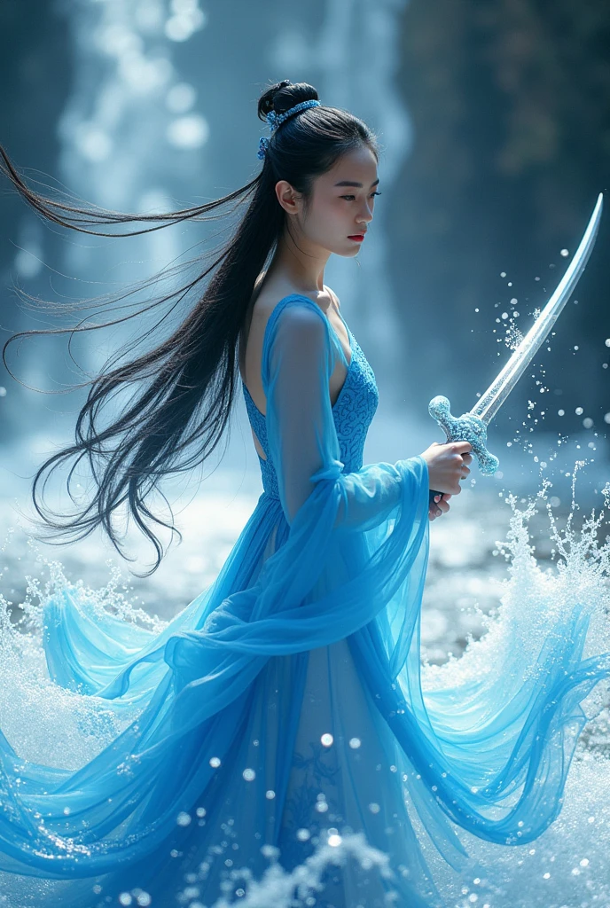 (Extremely detailed CG unified 8K wallpaper,masterpiece, best quality, Super detailed),(Incredible Lighting, Dynamic camera angle),Water Sword, Blue Water Splash,stream, flowing water, beautiful girl,Long black hair, Elegant Wuxia Dress,watercolor, 70s Retro Filter.