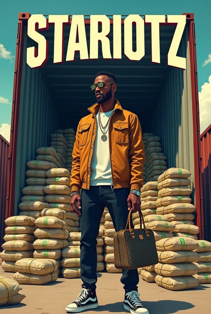 An animated picture of a person with a gucci bag this person is standing in a large container in front of this person is a large amount of cannabis in bags and these bags are just being unloaded from a container and on the picture should be written in capital letters Stariotz